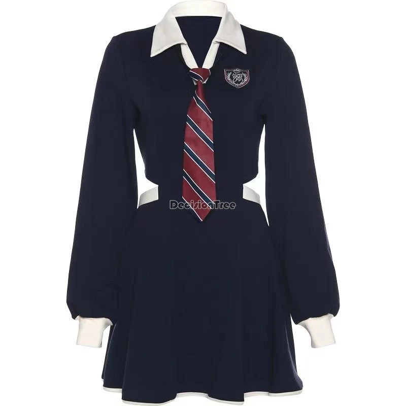 2024 American Preppy Polo Kragen Langarm Kleid weibliche Herbst Gewürz Taille A-Linie Mode Chic Stil Frauen Uniform JK Set W754