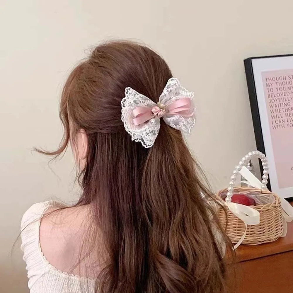 Clip de pelo con lazo de encaje y flor rosa para mujer, accesorios para el cabello, adorno para el cabello, horquillas con lazo, tocado, lazo, cinta, tocado