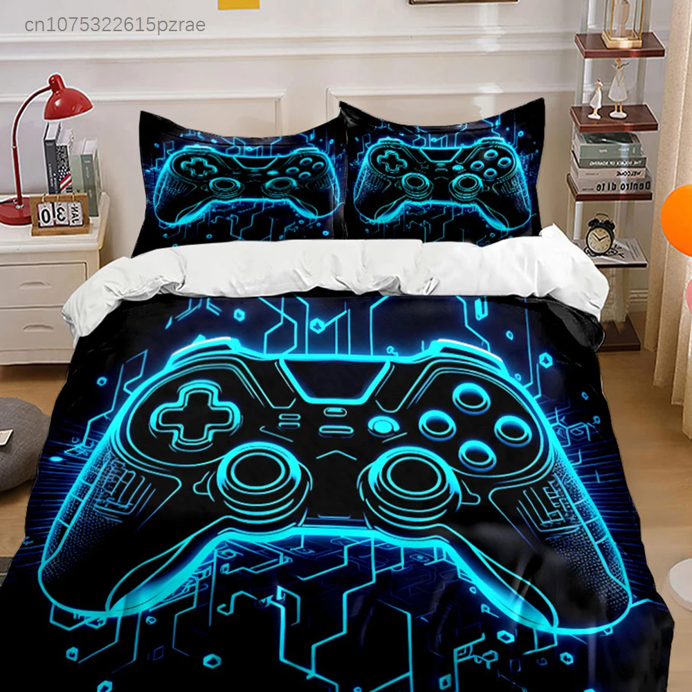 Blue Neon Circuit Gamepad Bedding Set,Tech Line Xbox Controller Print Duvet Cover Set,Cool Gaming Microfiber 3pc For Teen Gamers