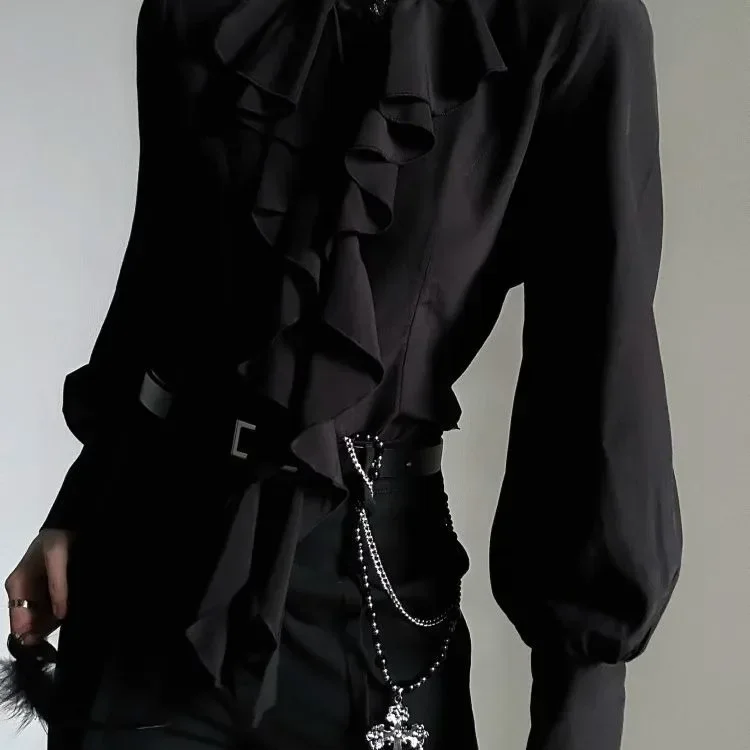 

Harajuku Vintage Black Bottoming Shirt Women Stand Collar Ruffles Slim Blouses Japanese Victorian Long Sleeve Blusas
