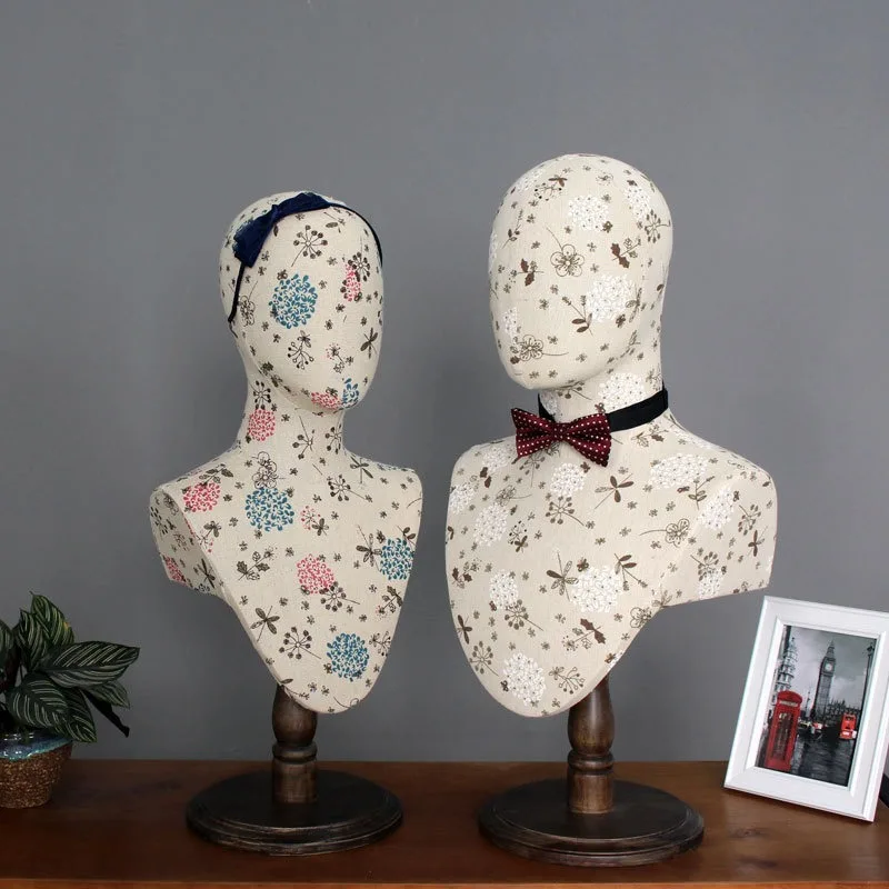 Fabric Wrapped Mannequin Head Display Stand for Hat Necklace Scarf Window Display Prop Jewelry Showcase Model Store Fixture Rack