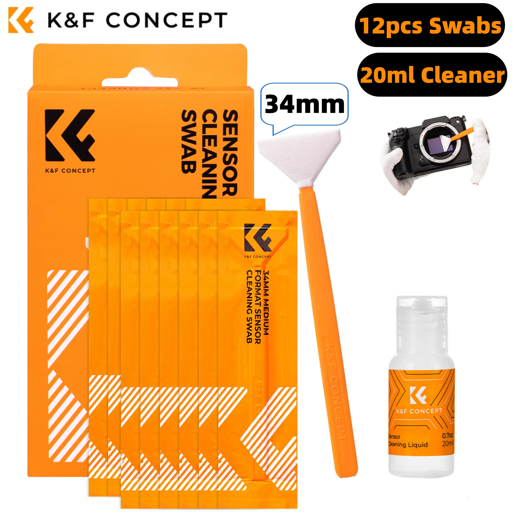 K&F CONCEPT 12pcs 34mm Medium Format Sensor Cleaning Swabs +1pc 20ml Liquid Sensor Cleaner Sets For DSLR SLR Digital Camera Lens