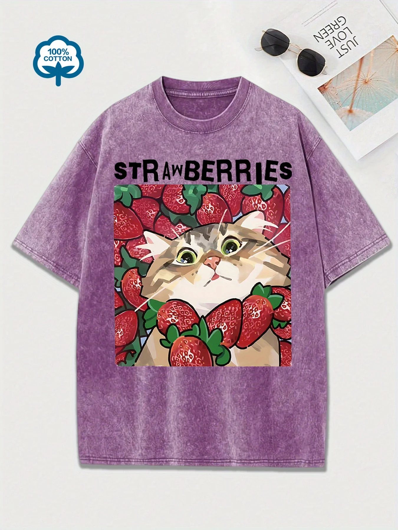 Fashion Women'S Washed Cotton Cute Cat Strawberry Print T-Shirt Vintage Style Short Sleeve Heavy Wash T Shirt Unisex view 5