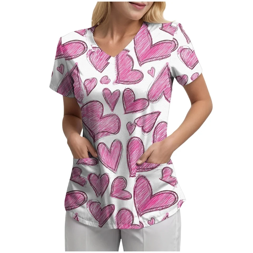 

Summer Scrubs Tops Women Pet Clinic V-Neck Workwear Nurse Tshirt With Pockets Beauty Salon Uniform Short Sleeve Working Clothes