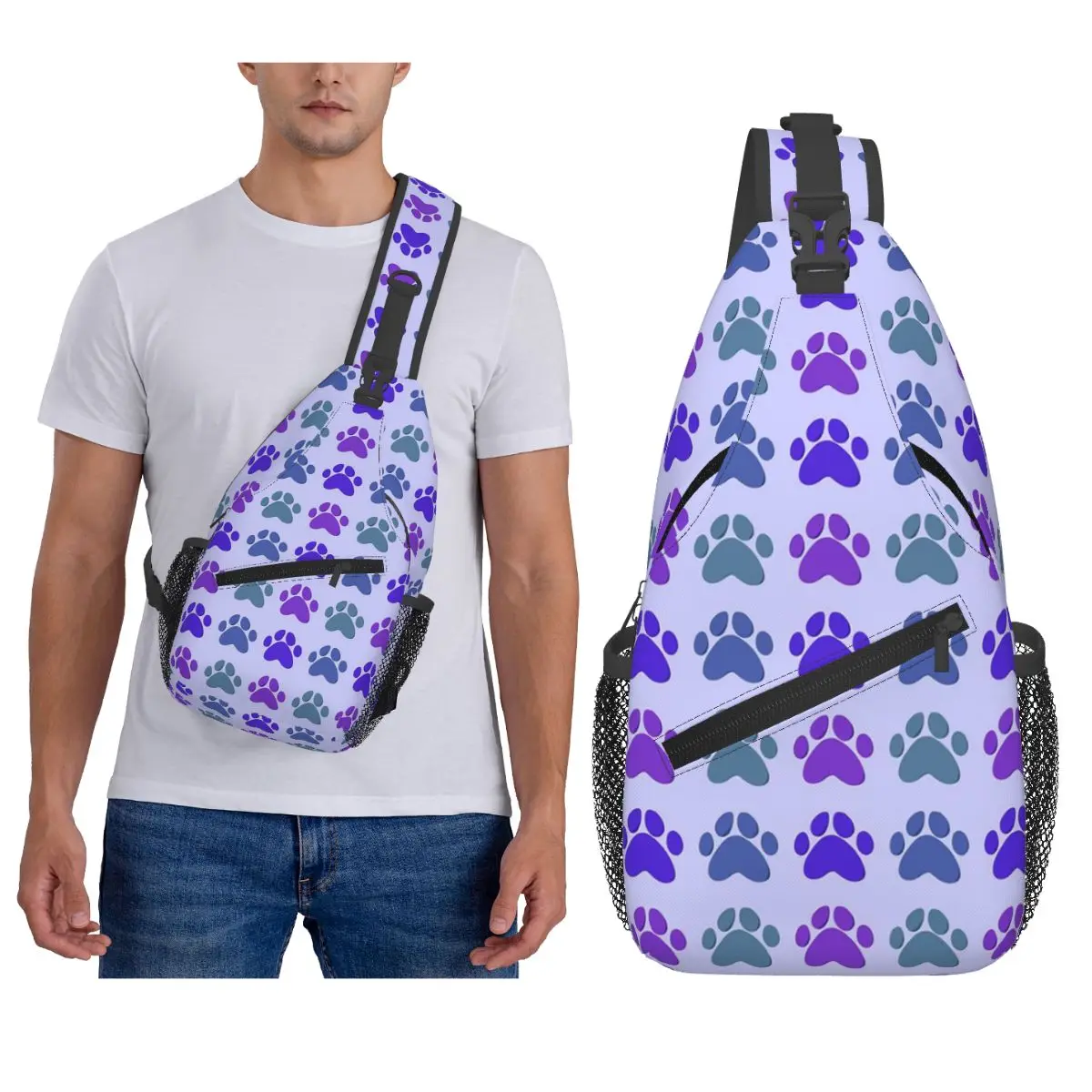 Cool Pet Dog Black Paw Pattern Chest Bag Men Sling Crossbody Backpack Chest Bag Traveling Hiking Daypack Shoulder Bag