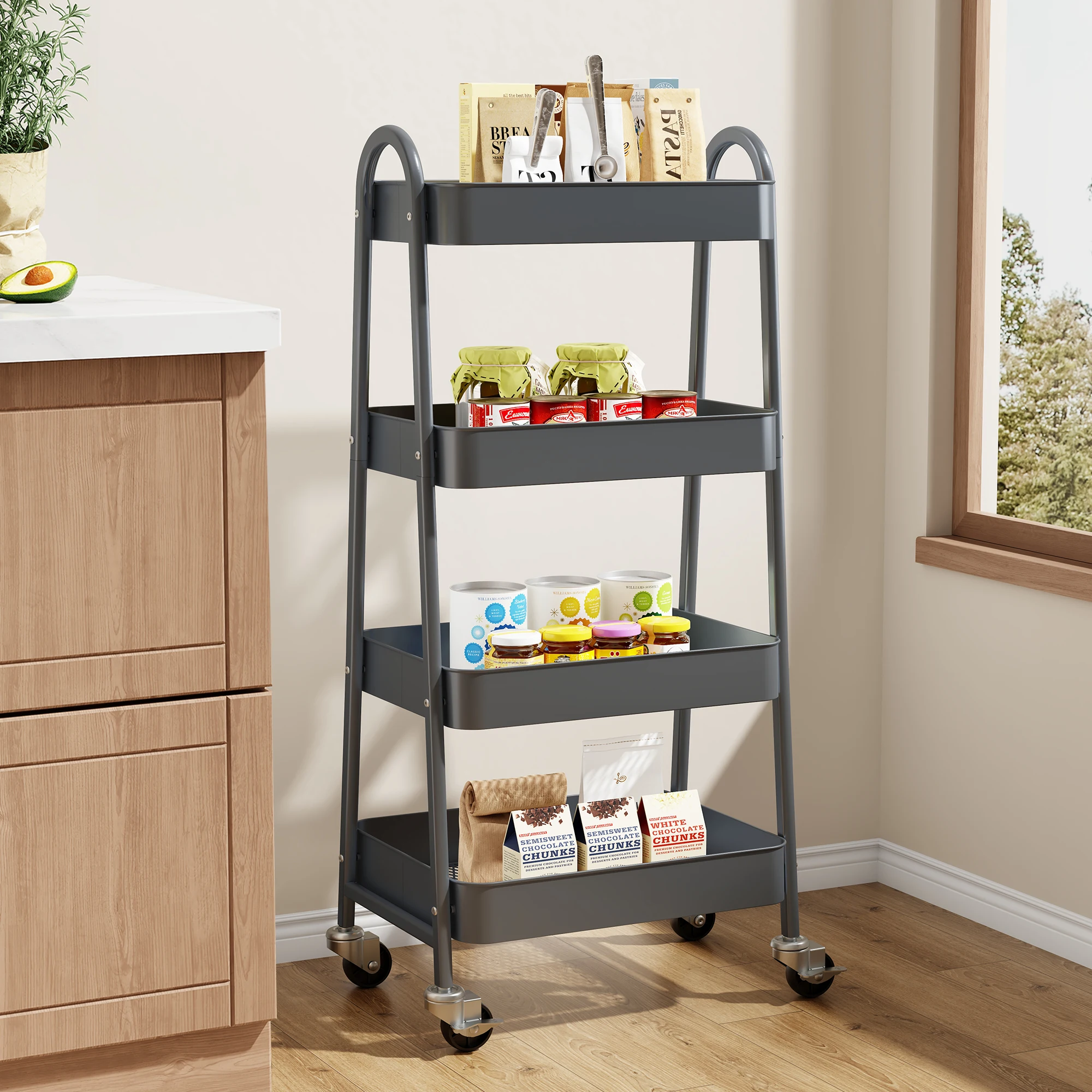 

Металлическая кухонная тележка JHK с 4-мя ярусами, блокируемыми колесами и мобильной полкой-органайзером для дома и узких пространств