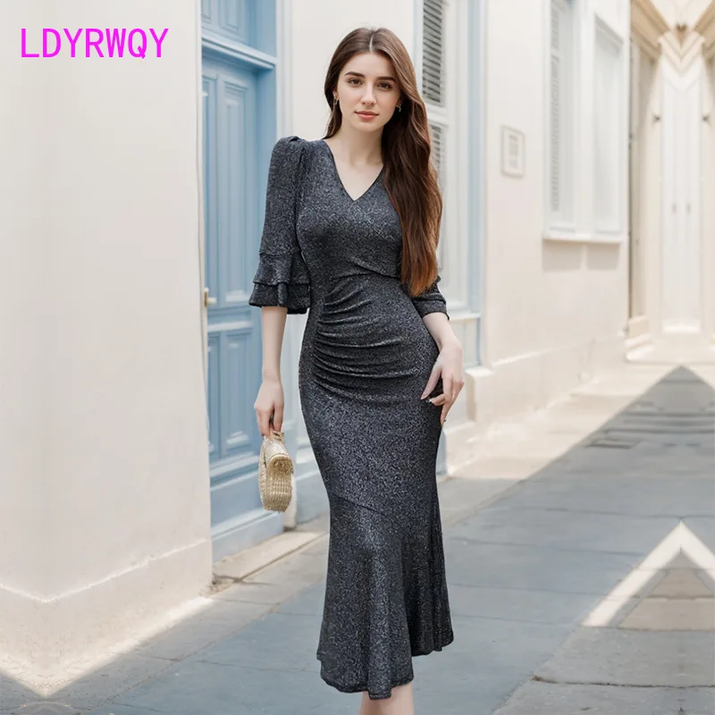 Black shiny silk elastic slim fit dress, summer new V-neck ruffled sleeves, cinched waist for slimming