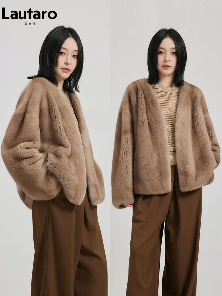 

Lautaro Spring Winter Soft Short Thick Warm Faux Mink Fur Coat Women V Neck Luxury High Quality Elegant Chic Fluffy Jacket 2026