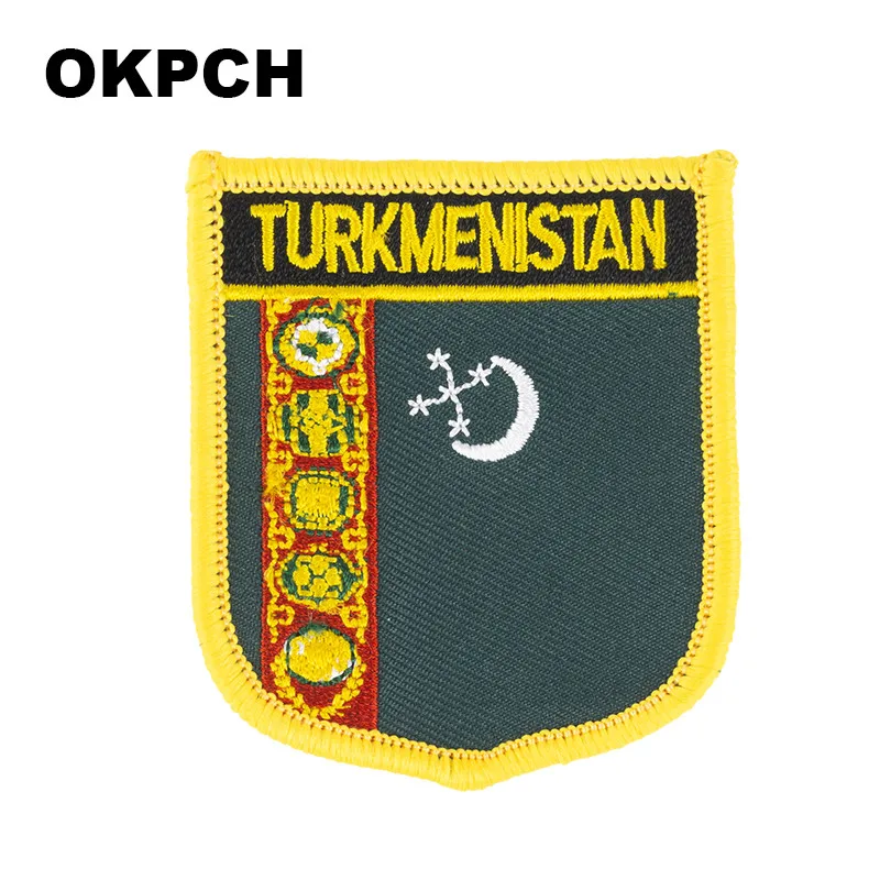 Turkmenistan Flag Shield Shape Iron on Embroidery Patches Saw on Transfer Patches Sewing Applications for Clothes Back Pac