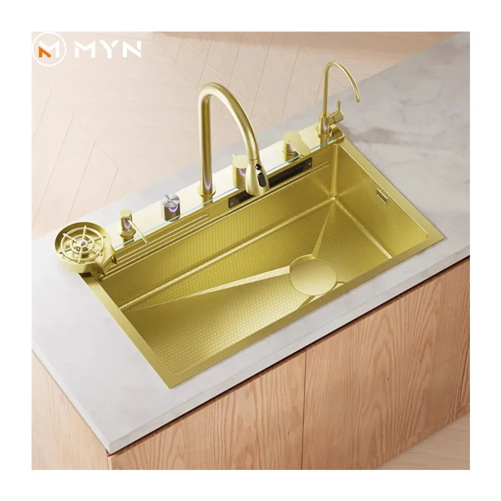 

Newest Design DIY Accessories 5MM Thickness 30 32 Inch Waterfall Gold Bionic Honeycomb 304 Stainless Steel Digital Kitchen Sink