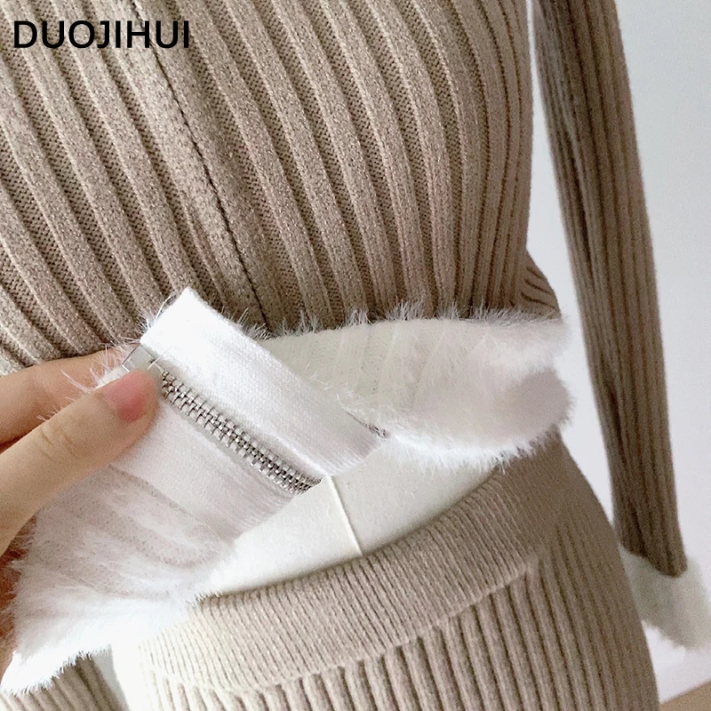 Duojihui Klassiek Tweedelig Casual Gestreepte Damesrokken Met Chique Rits Vest Eenvoudig Contrastkleur Slanke Damesrokken Met Hoge Taille