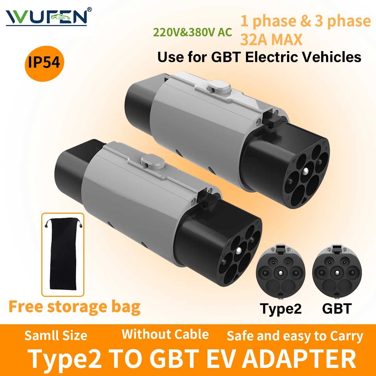 

WUFEN IEC62196 Тип 2 к GBT EV-адаптер 3-фазный 32A 7 кВт и 22 кВт с двойным наконечником для адаптера для зарядки автомобилей китайского бренда