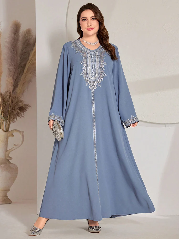 Toleen 2024 Nieuwe Lente Zomer Casual Elegante Lange Mouwen Arabische Maxi Jurken Vrouwen Plus Size Geborduurde Patchwork Jurk Met Lovertjes