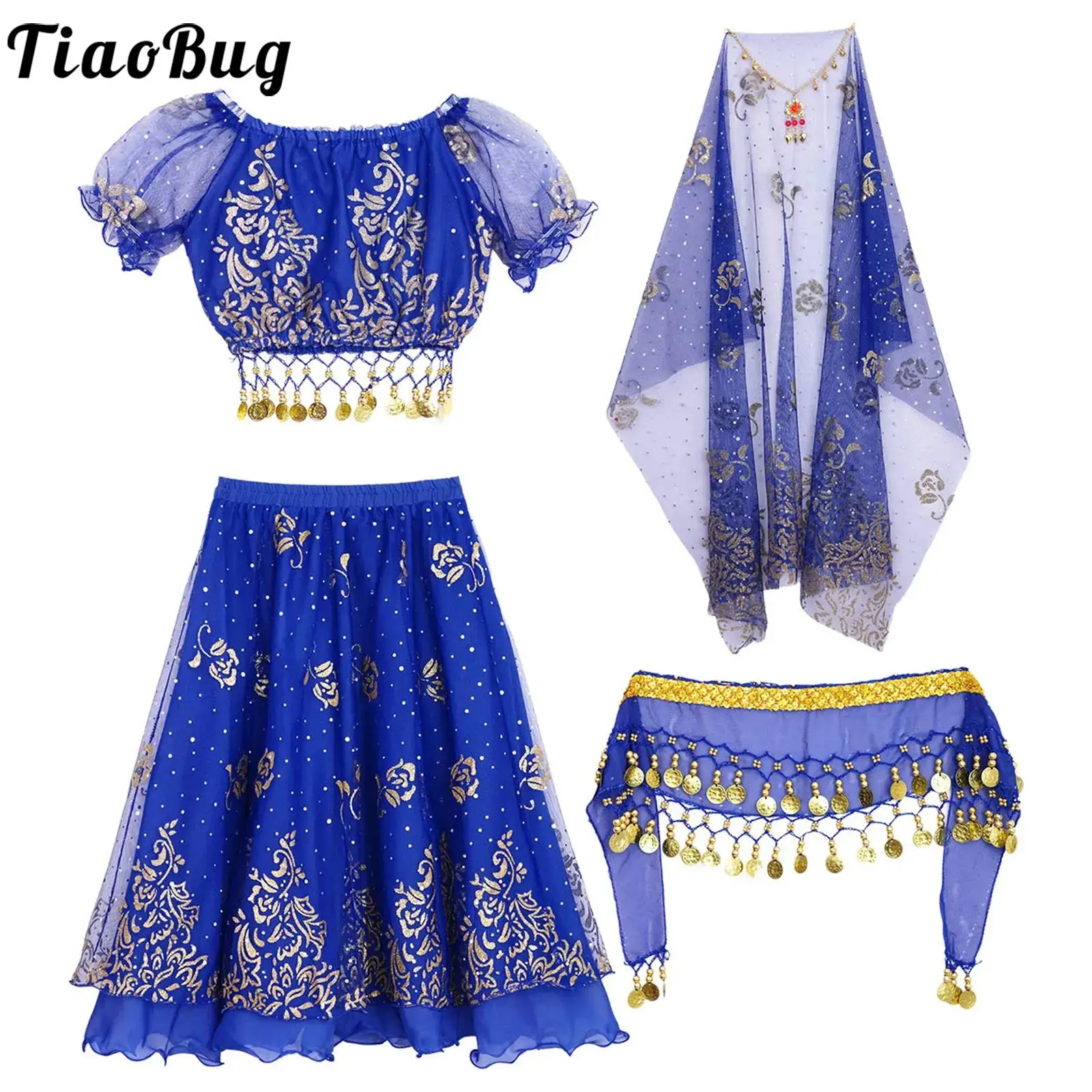 

Girls Belly Dance Costume Outfit Halloween Cosplay Set Short Puff Sleeve Crop Top with Skirt Waist Chain Headscarf and Headwear