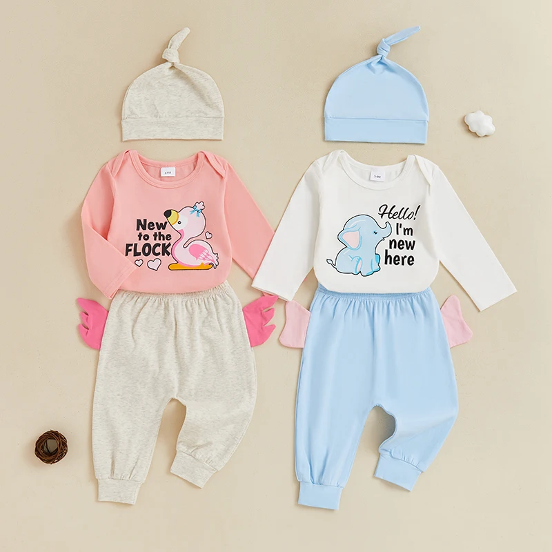 Toddler Infant Baby Girls Sets Letter Elephant/Flamingo Print Long Sleeve Romper 3D Ears Long Pants Hat Outfits