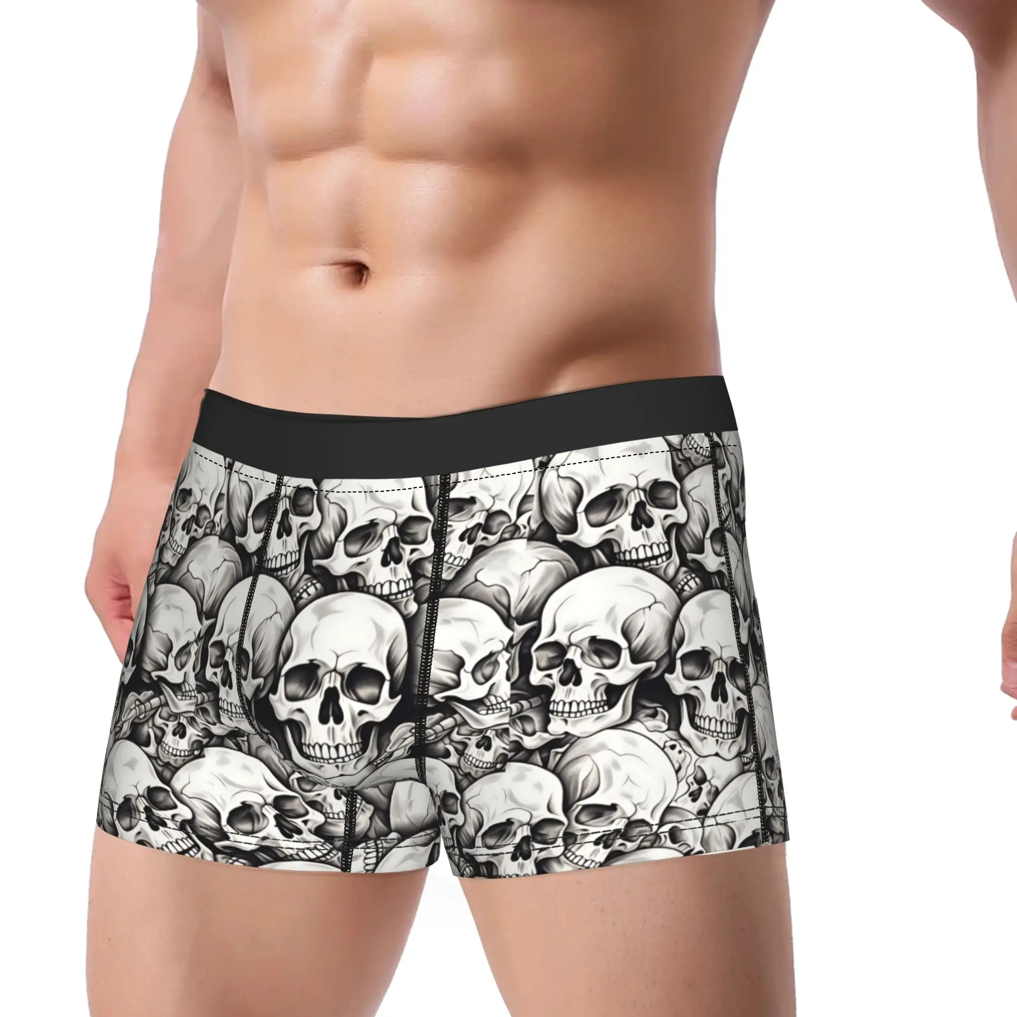 Sketch Shaded Stacked Skulls Seamless Pattern Boxer Shorts  3D Pouch Underwear High Quality Boxer Brief Breathable Men Panties