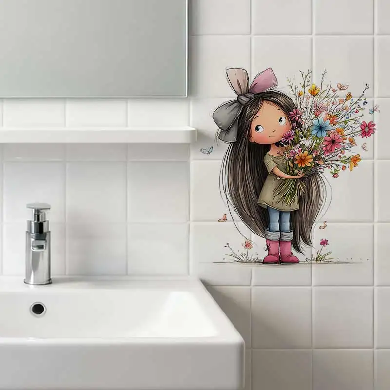 Girl with Flowers Wall Sticker Baby Kids Room Decoration Mural Self-adhesive Bedroom Home Wallpaper Nursery Decor Decals S932