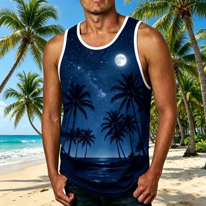 Tropical vacation beach sunset with palm print men's vest,  for summer vacations, seaside gatherings, and various places