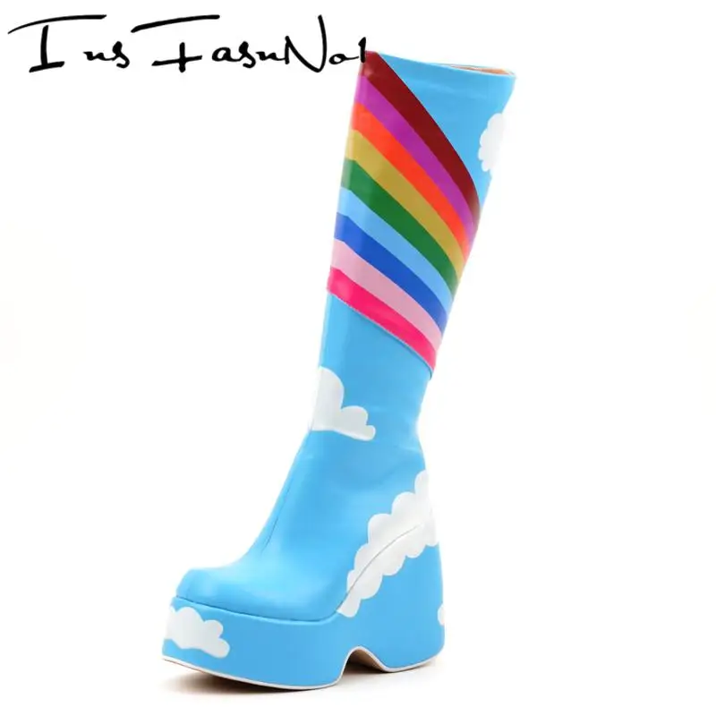 Colorful Rainbow Platform Knee Boots Cloud Blue Sky Graffiti Long Boots Designer Zip Shoes Square Wedges High Heel Sweet Botas