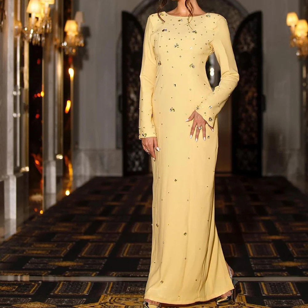 

CustomizedCrew neck Long Sleeves Jersey Backless Straight Beading Floor Length Zipper Back Elegant Evening Dress For Formal Occa