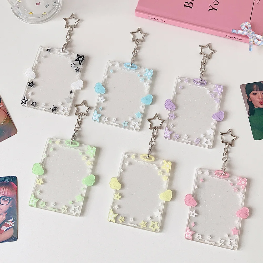 Korean Girls Wing & Star Pendant 3‑Inch Clear Photocard Holder Polaroid Display Hanging Card Pouch for Student