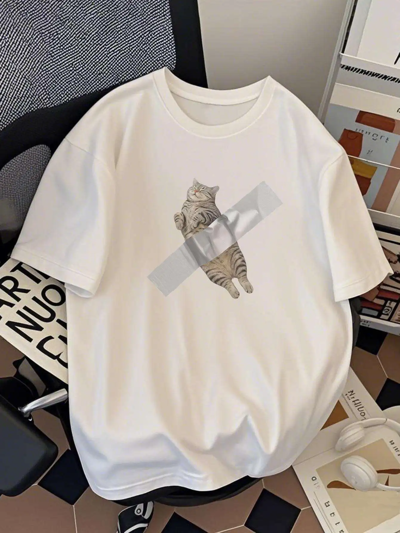 100% Cotton Men's Summer T Shirt Comfortable Breathable Fabric Cute Kitten Tape Pattern Suitable Casual Home Wear