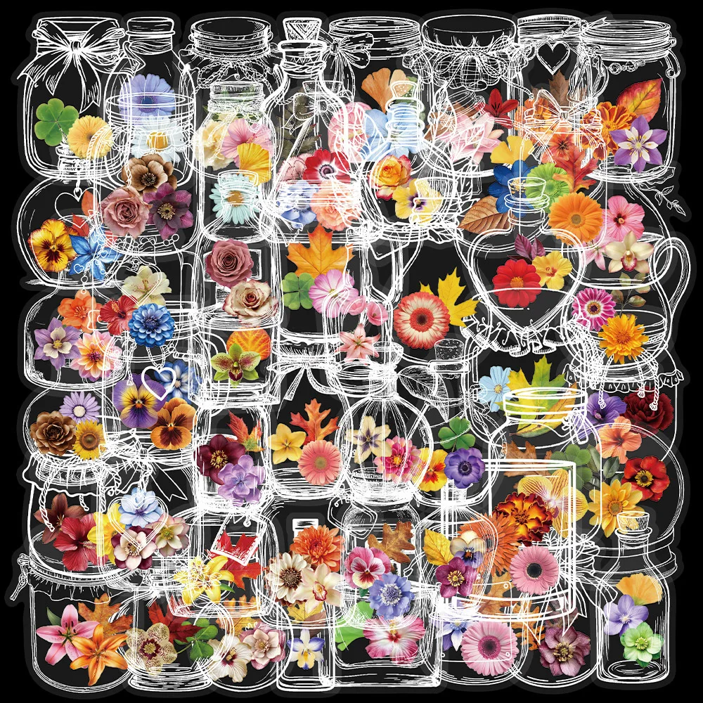 50 Stück Cartoon-Flaschen-Blumen-Aufkleber aus PET-Material zum Dekorieren von Wasserflaschen, Schreibwaren, Handbüchern, Handys, Aufklebern