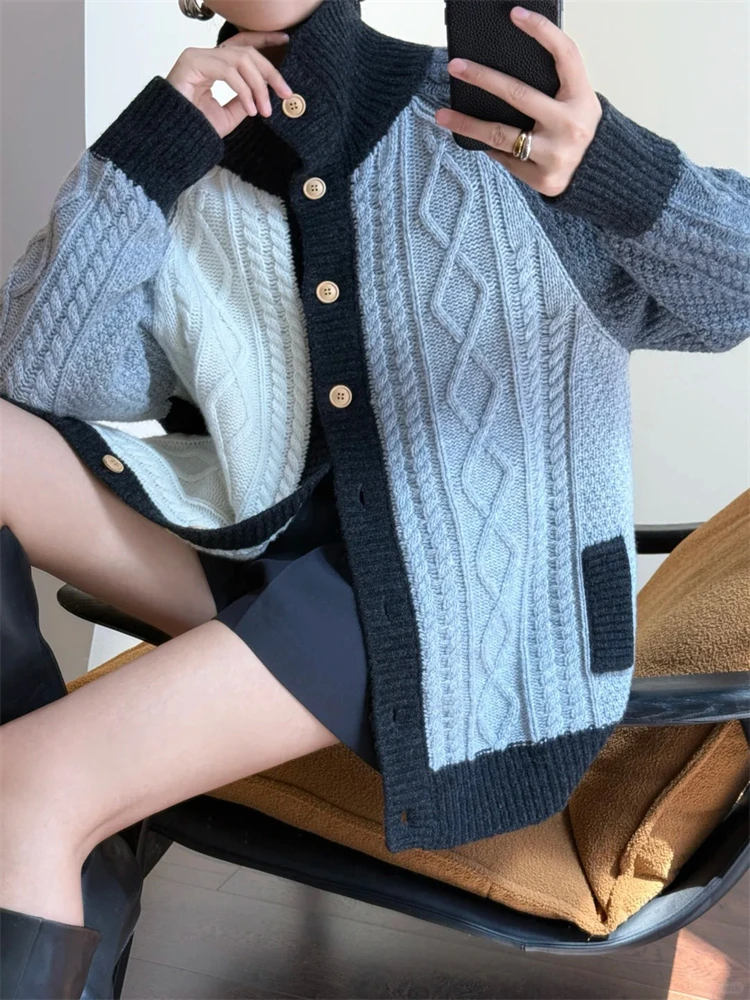 Ladies Cardigan100% Merino Wool Multicolored High Neck Single-breasted Sweater Autumn Winter Warm Soft Knit Cable Clothing