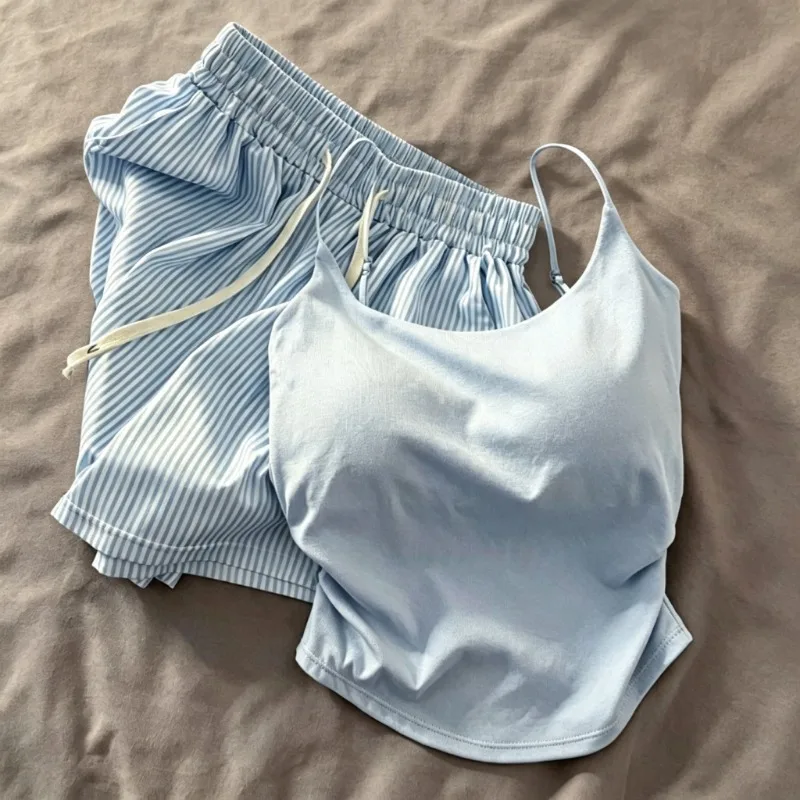Sleepwear Set Light Blue Camisole Striped Shorts Women 2026 New Summer Pajamas Suit French Casual Daily Ladies Homewear Basic