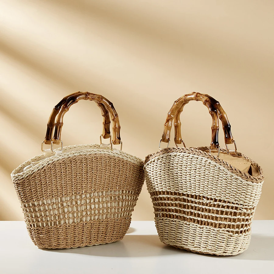 Bamboo Handle Straw Woven Bag for Women Raffia Woven Tote Handbag Summer Mesh Beach Hollow Out Clutch Purse for Vacation Holiday