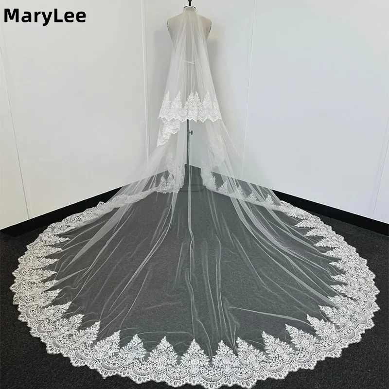 

Индивидуальная 2-слойная фата с кружевным краем и расческой длиной 3 м, 2-ярусная фата цвета слоновой кости белого цвета для церковной свадьбы