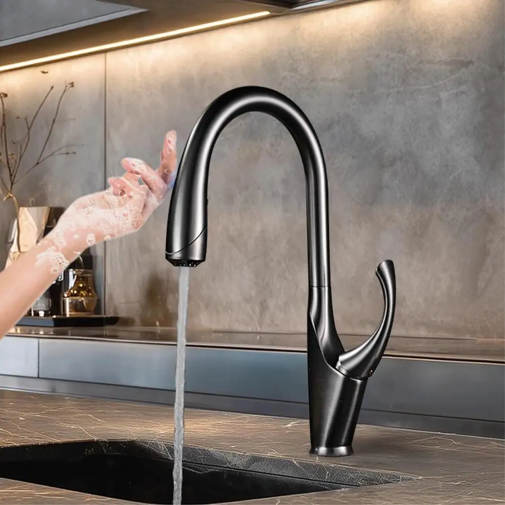 High-End Touch Black Kitchen Brass Pull-Out Design Three-Function Single Handle Cold And Hot Dual Control Sink Faucet