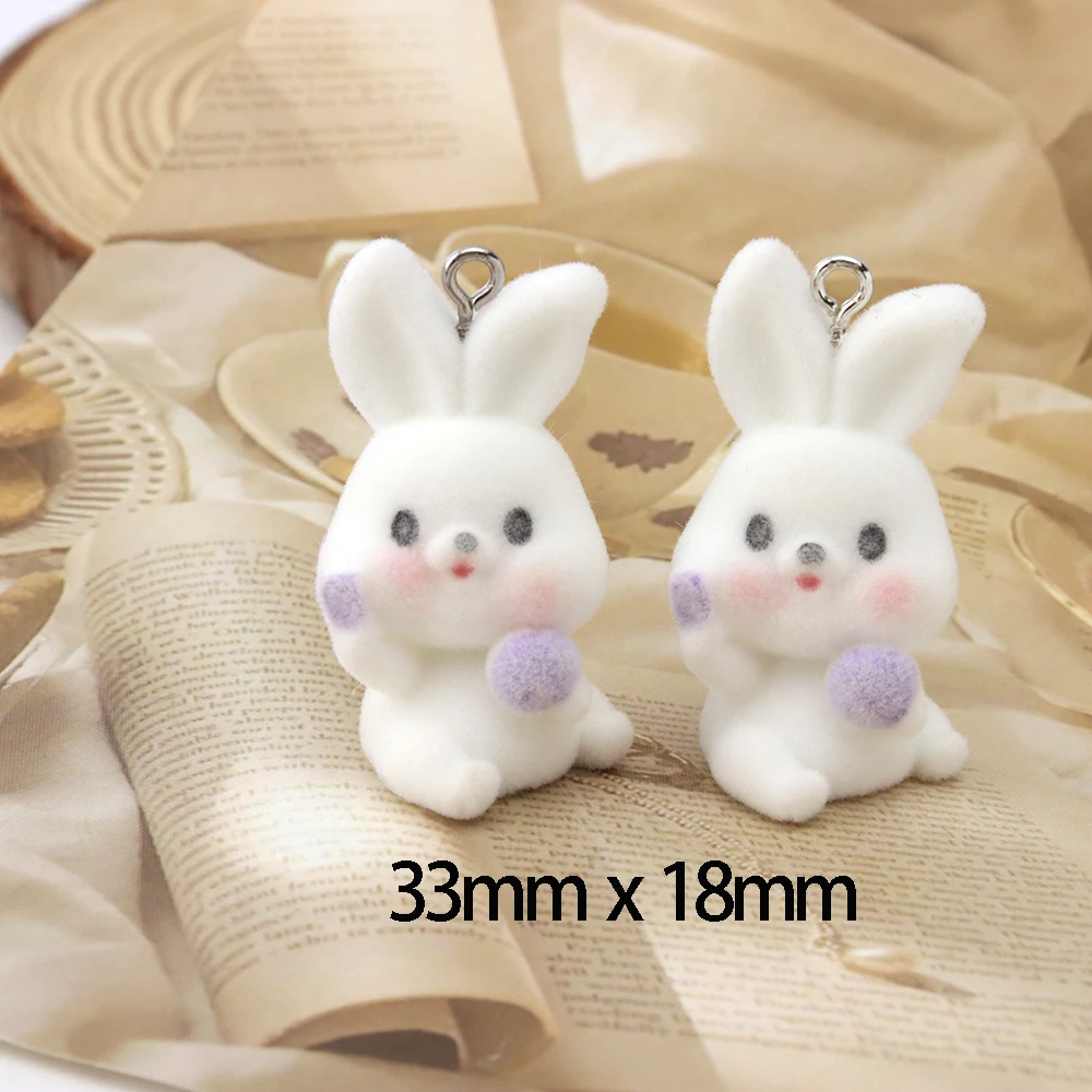 20pcs 3D Flocking Resin Crown Rabbit Charms Suffed Animal Doll Bunny Drumming Pendant for Keychain Earrings Making DIY Wholesale