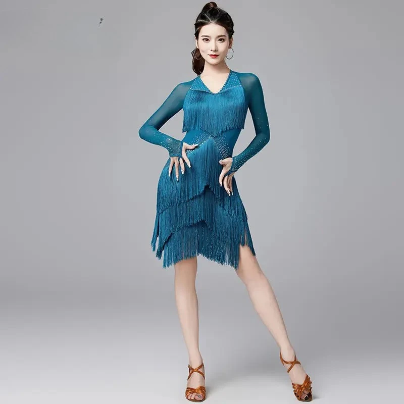 

Черное платье для выступлений в бассейне для латинских танцев, новое профессиональное платье с длинными рукавами и кисточками для бальных танцев