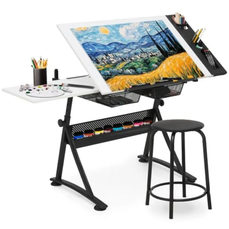 

Height Adjustable Drafting Table for Artists with Dual Desktop Metal Frame Tiltable Art Desk in White for Painting and Crafting