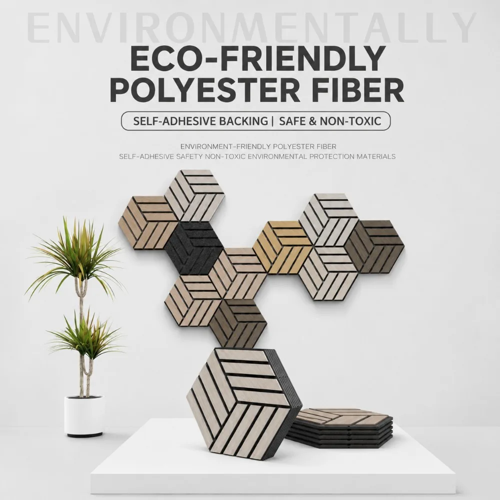Picture 5: PVC Wood Grain Hexagon Acoustic Panels, Self-Adhesive Polyester Felt Slat Wall Tiles for Sound Absorption and Stylish Home Decor