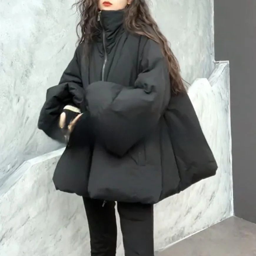 Women's Cotton Jacket Bubble Sleeve Loose Fit Stand Collar Winter Coat Clean Fit Style Long Sleeve Zipper Closure  Color