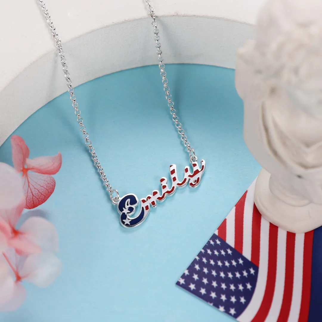 Personalized Name Necklace America Flag Necklace 4th of July Gift Enamel Name Pendans Customized Name Jewelry Gift for Her