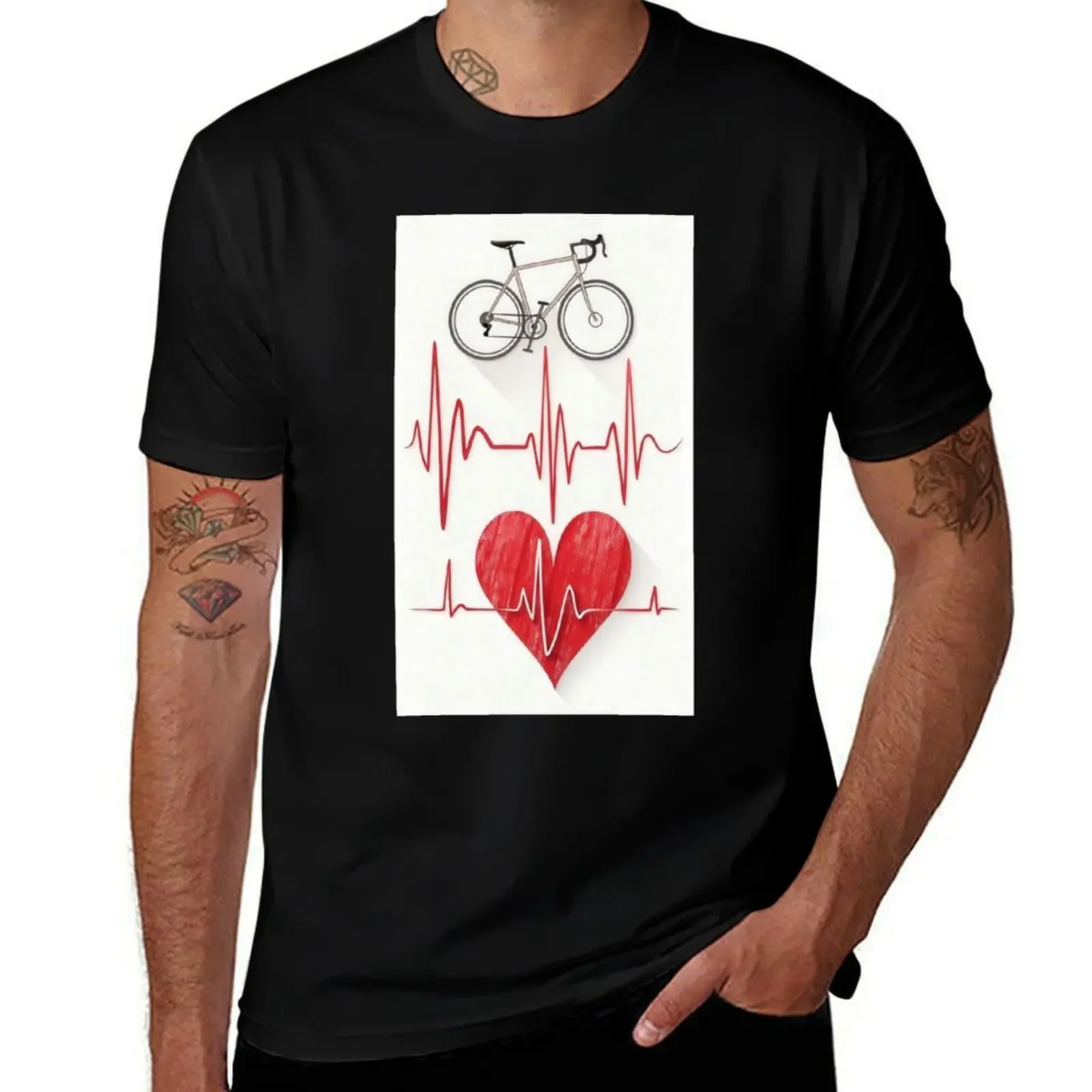 

Conceptual art of heartbeat line turning into a bicycle T-Shirt tops graphic tee shirt men workout shirt