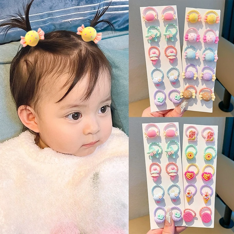 10PCS New Girls Cute Cartoon Flower Small Scrunchie Kids Ponytail Hair Tie Elastic Fashion Hair Accessories Set