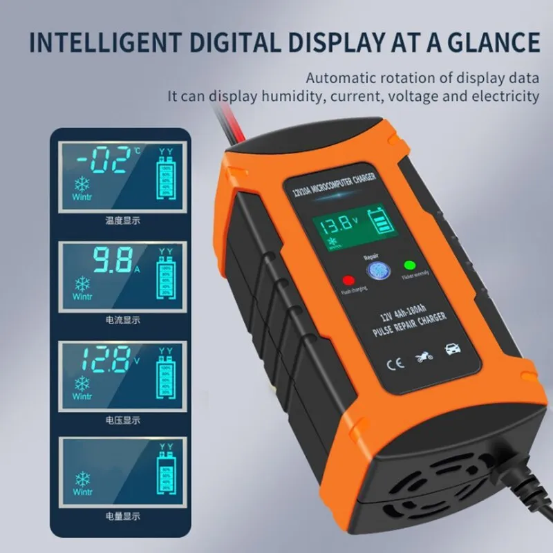 

12V 10A LCD Touch Screen Display Car Battery Charger Auto Smart Battery Charger Pulse Repair Chargers Wet Dry Lead Acid