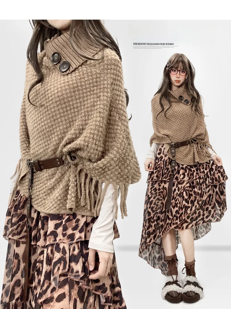 

Ретро-свитер оверсайз цвета хаки с бахромой, асимметричный вязаный топ с круглым вырезом для женщин, зимний