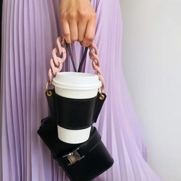 Fashion Chain Coffee Cup Holder PU Leather Portable Glass   Milk Tea   Detachable Outer Packaging  Case