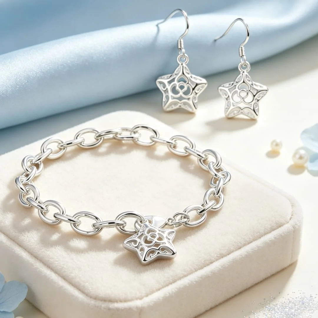 Luxury Brand 925 Sterling Silver Charms Hollow Star bracelet Earrings for Women Street all-match Jewelry Sets Wedding Party gift
