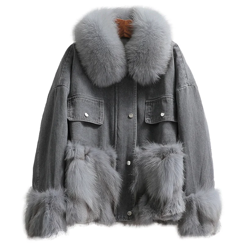 AYUNSUE Real Fox Fur Coat Women Korean Short Patchwork Denim Jackets for Women Fashion Fur Jackets Female Fur Coats Warm Tops Zm