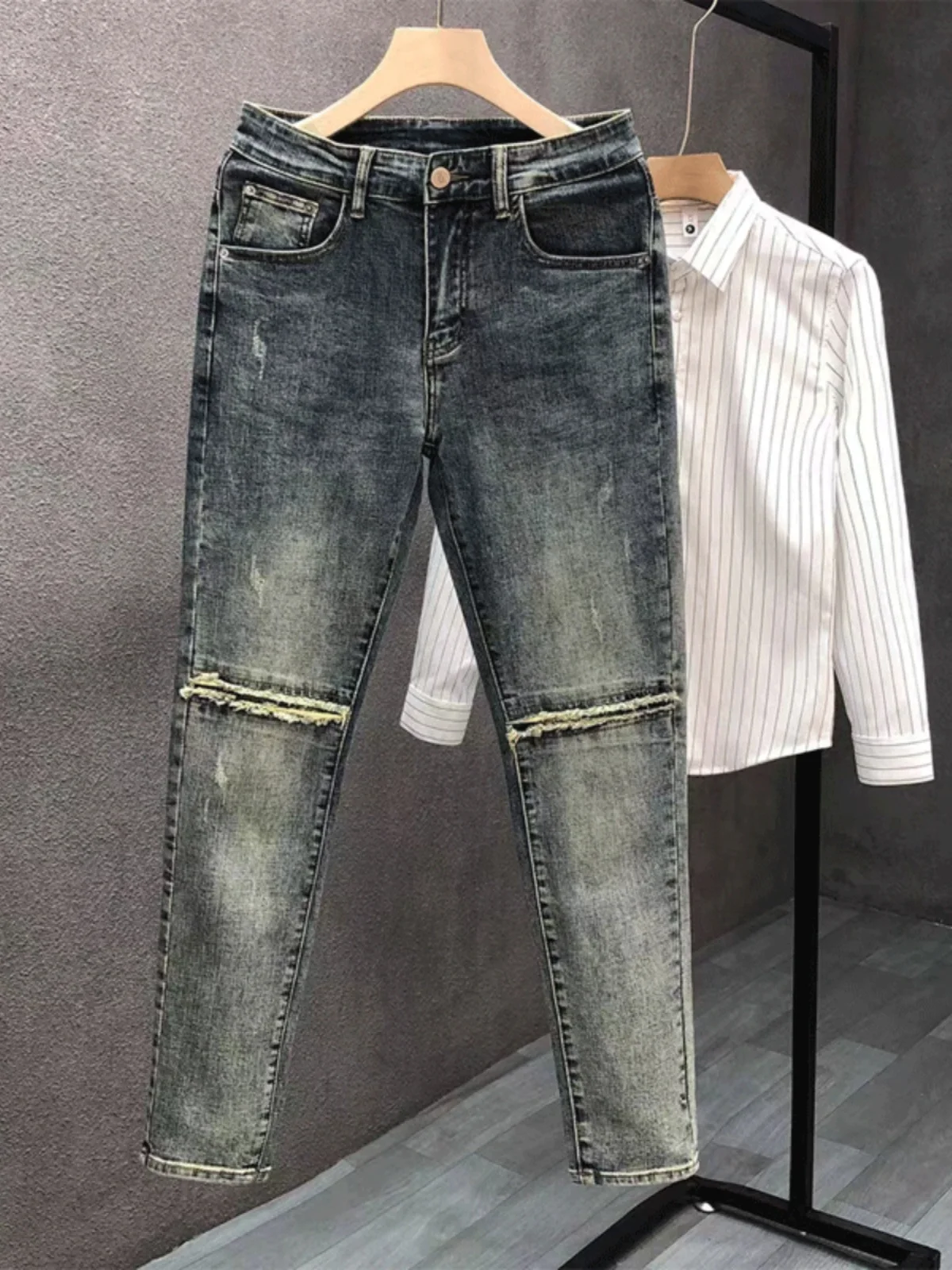 

Высококачественные модные облегающие мужские джинсы, эластичные лоскутные джинсы с отверстиями, винтажные универсальные длинные брюки, повседневные молодежные трендовые брюки