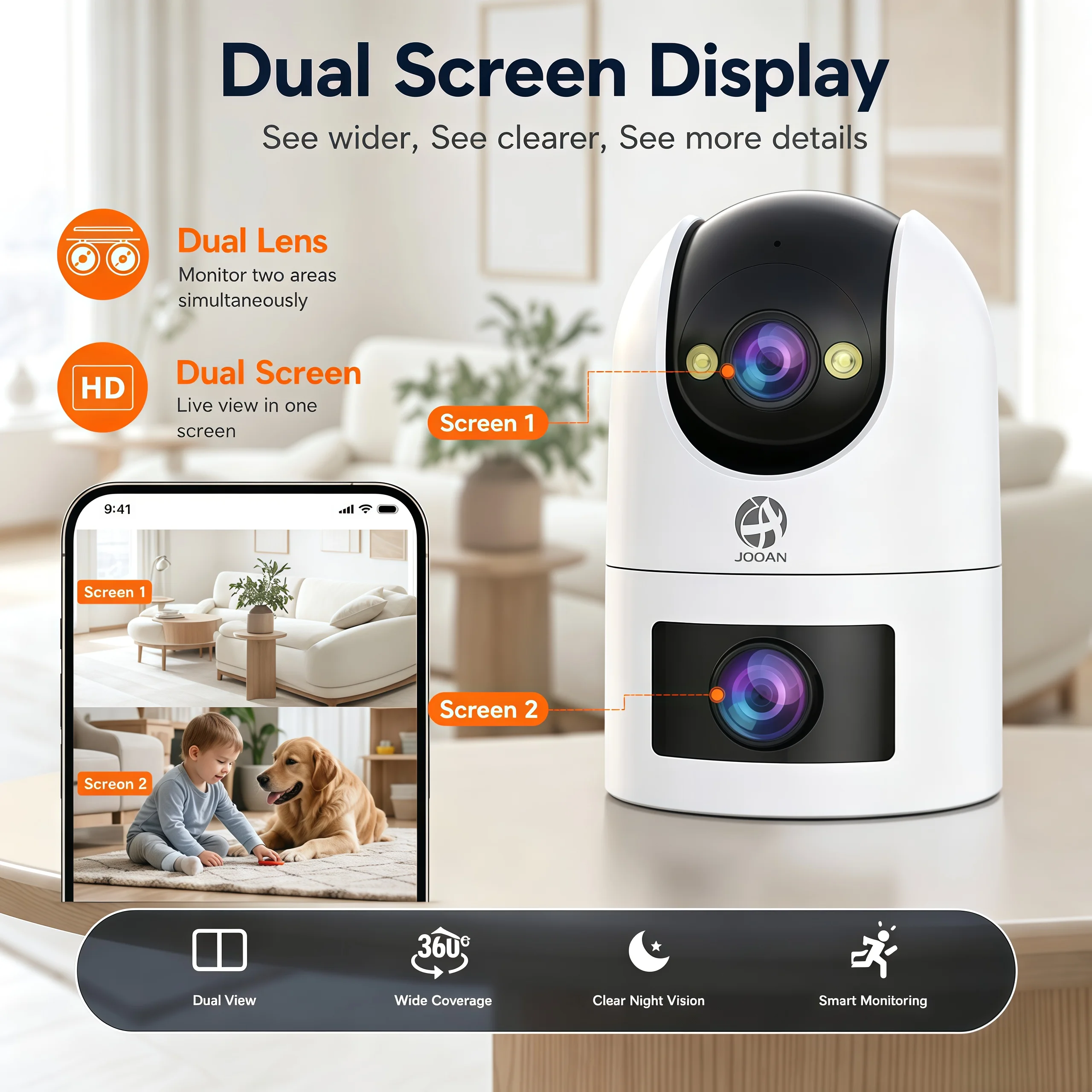 JOOAN 8MP Smart Home Security Camera Dual Screen 5G WiFi Motion Detection Night Vision Baby Monitor 24/7 Video Surveillance