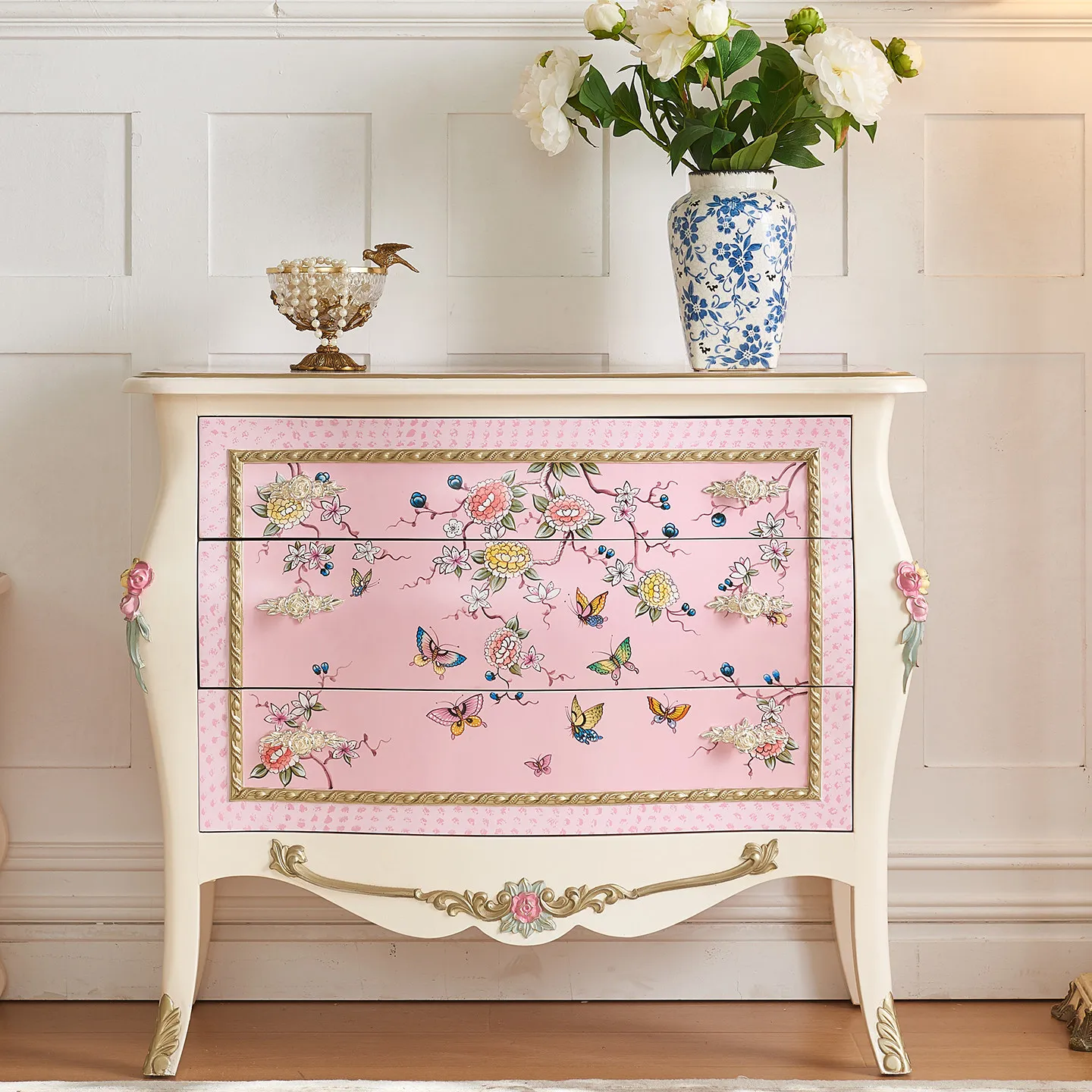 LMM French princess style pink storage cabinet, living room entrance foyer decoration entrance three-bucket cabinet