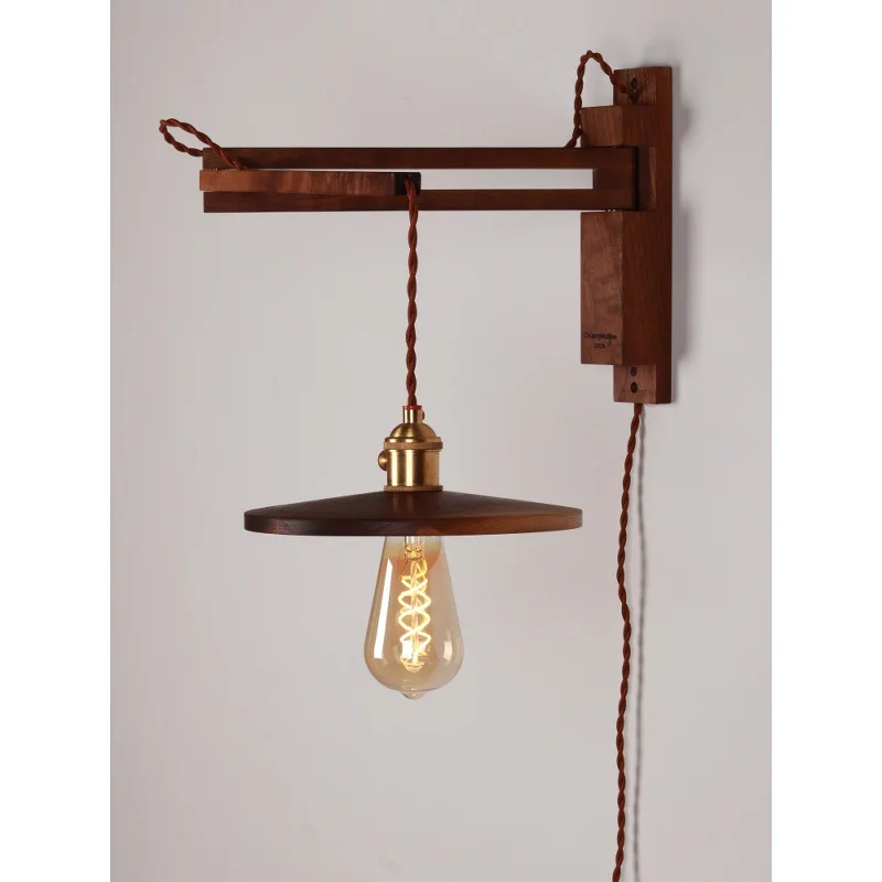 

Black walnut folding wall lamp retro bedroom bedside study living room background wall decoration solid wood wall