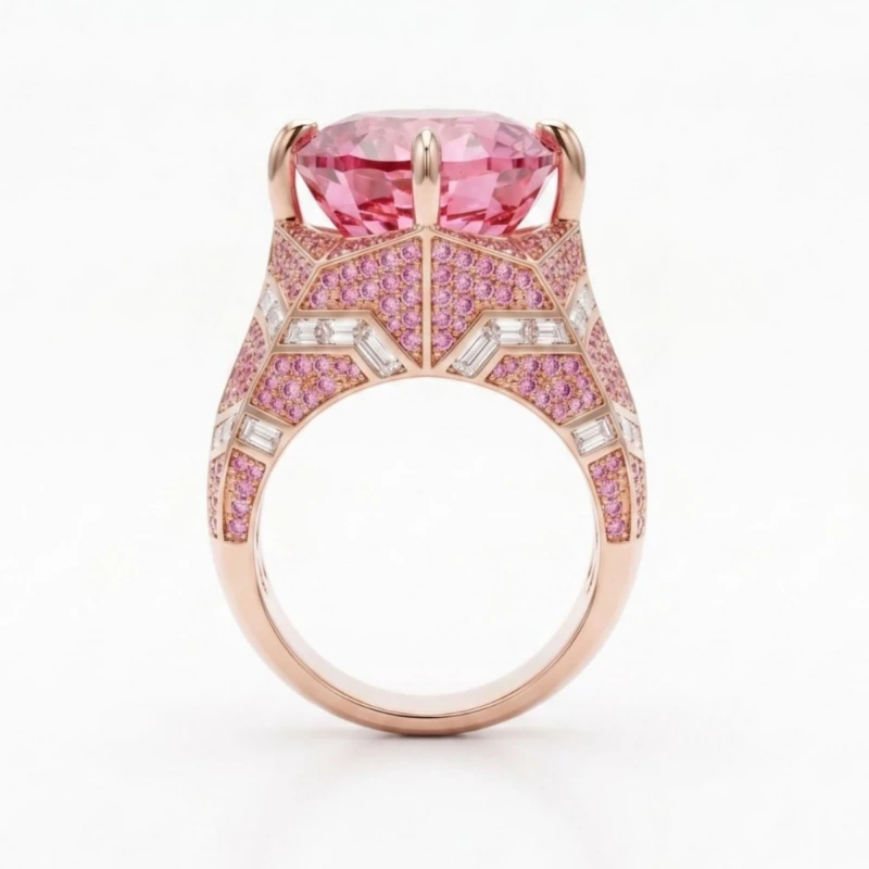 Bellux Heavy Crafted Colorful Gemstone Pink Padparradscha Pigeon Egg Ring 925 Silver Light Luxury High Jewelry Rings